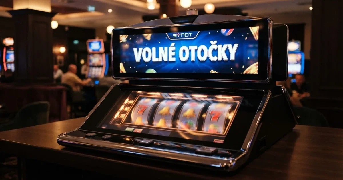 Výherní automat s roztočenými válci a nápisem volné otočky na obrazovce