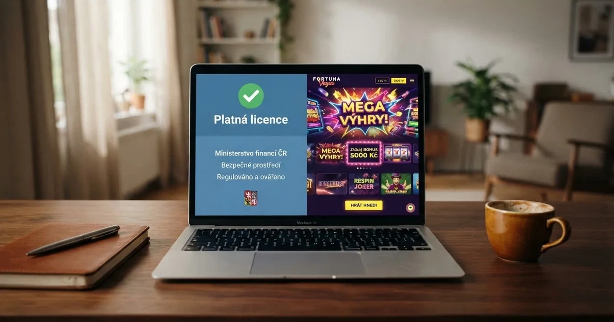 Srovnání loga české licence MF ČR vedle loga nelicencovaného casina z Curaçaa na displeji notebooku