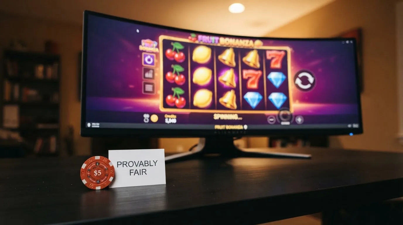 Výherní automaty s barevnou grafikou na obrazovce monitoru, v popředí logo bitcoinu a nápis provably fair