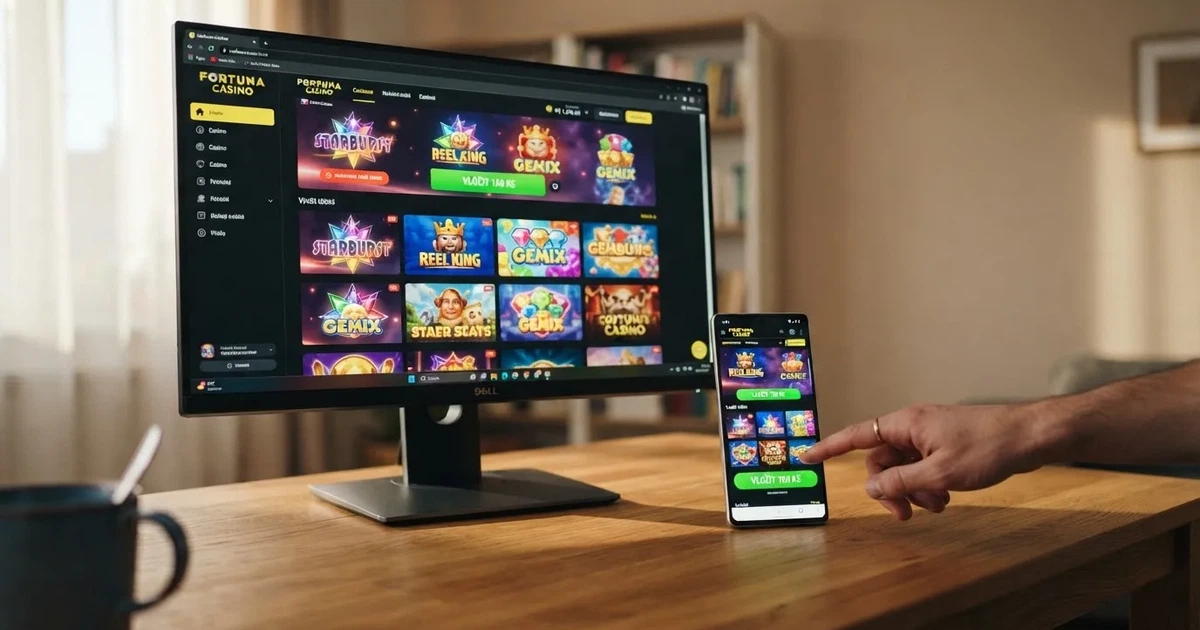 Rozhraní online casina na monitoru a mobilním telefonu s tlačítkem pro vklad a zobrazenou částkou 100 Kč