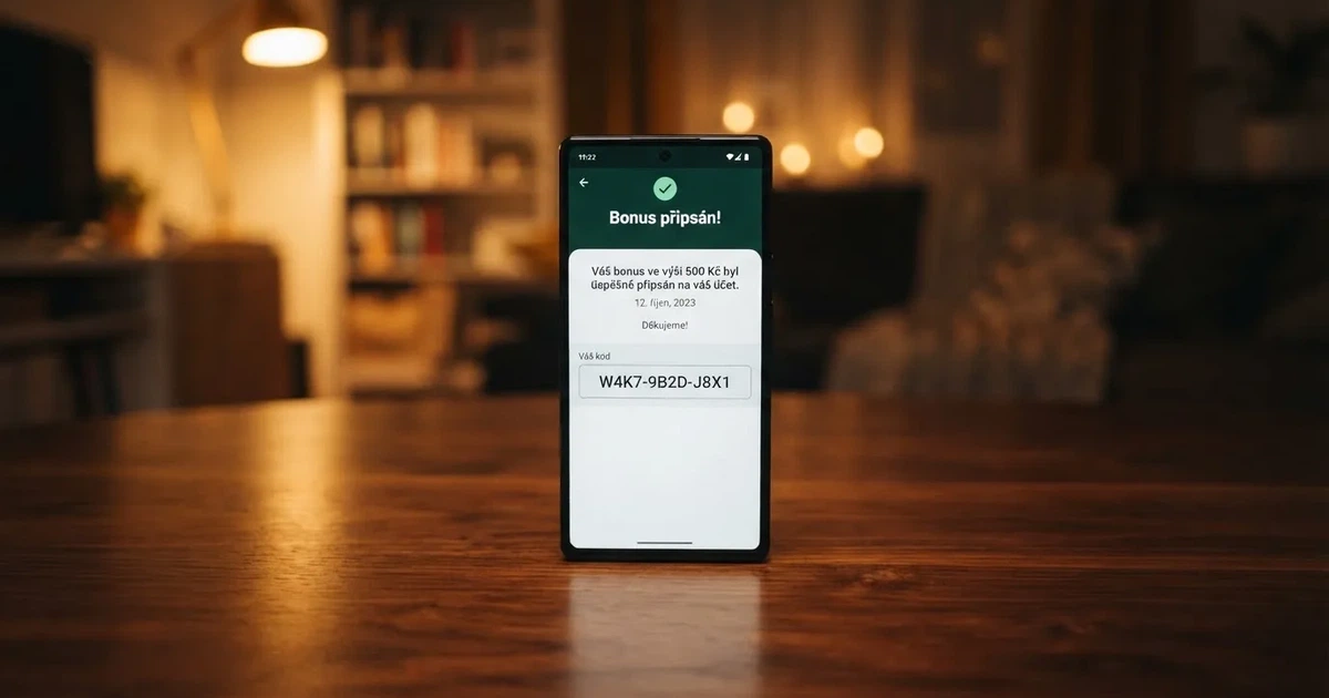 Pole pro zadání promo kódu na obrazovce mobilního telefonu, vedle něj nápis zobrazující připsaný bonus