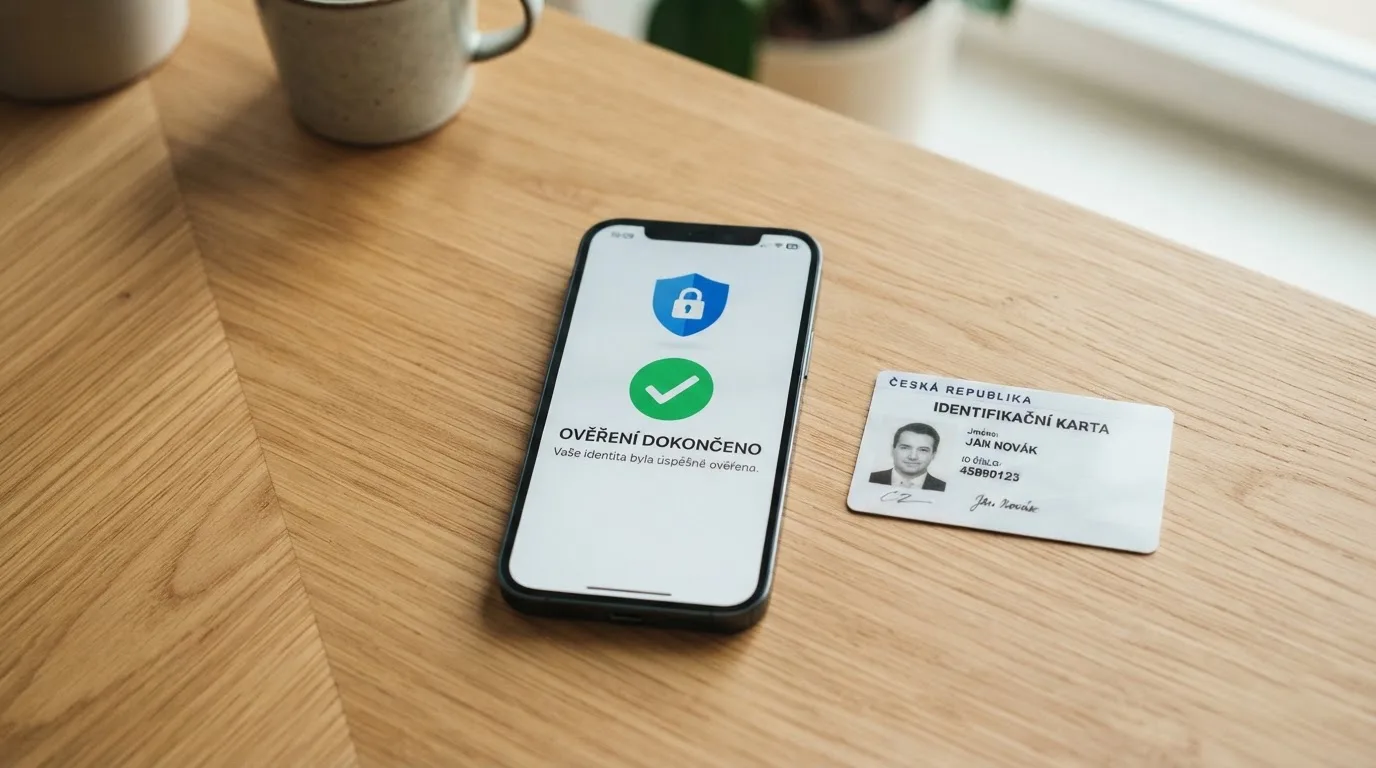 Detail modré MF ČR registrační značky na obrazovce telefonu vedle občanského průkazu