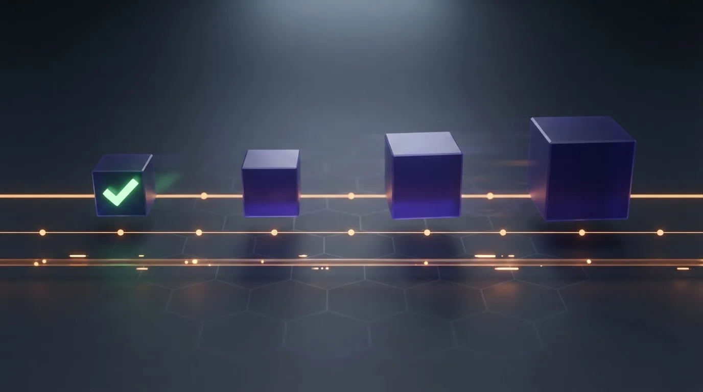 Schéma potvrzení ethereové transakce s ikonami bloků a časovou osou