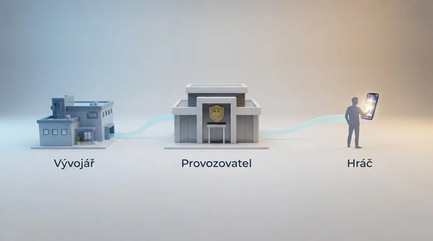 Schéma vztahu mezi vývojářem hry, provozovatelem kasina s MF ČR licencí a českým hráčem – B2B model distribuce.