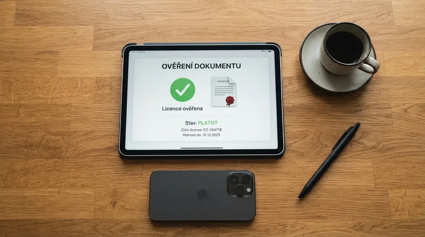 Detail úředního dokumentu s razítkem Ministerstva financí ČR vedle obrazovky s webem online casina