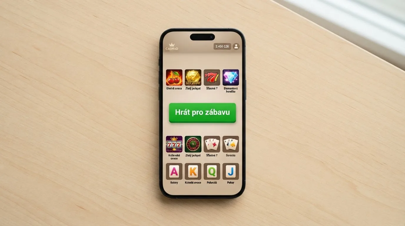 Mobilní telefon s otevřenou stránkou casina a zvýrazněným tlačítkem „Hrát pro zábavu“