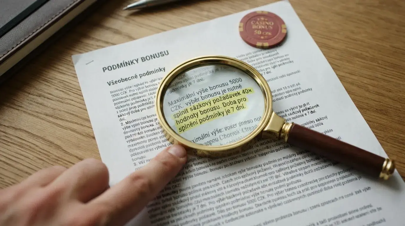 Detail bonusových podmínek — lupa nad textem s wageringem, časovým limitem a maximální sázkou