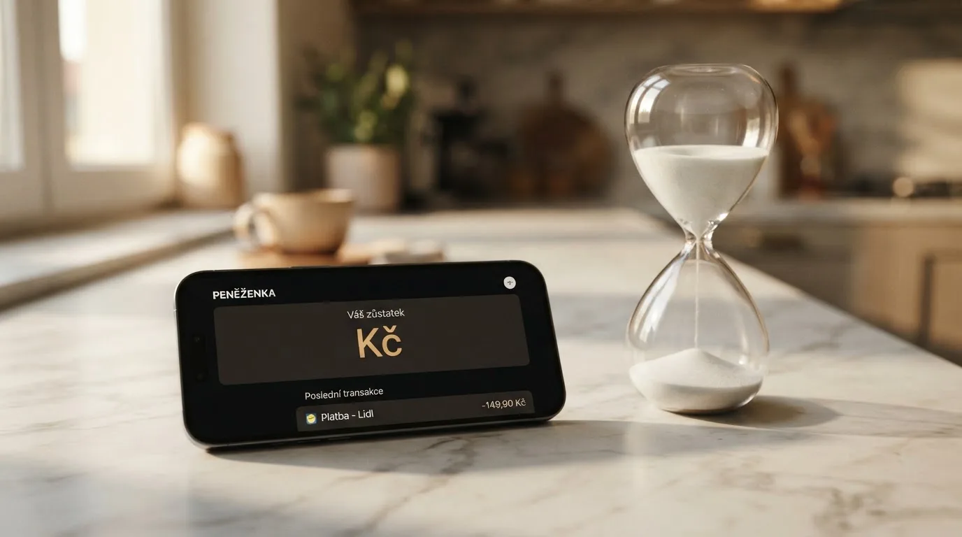 Mobilní telefon s kryptopeněženkou, vedle přesýpací hodiny ukazující 5–15 minut