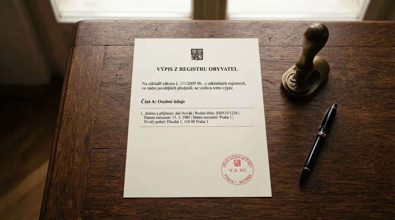 Úřední výpis z rejstříku s logem Ministerstva financí ČR, paragrafem zákona a razítkem na listině