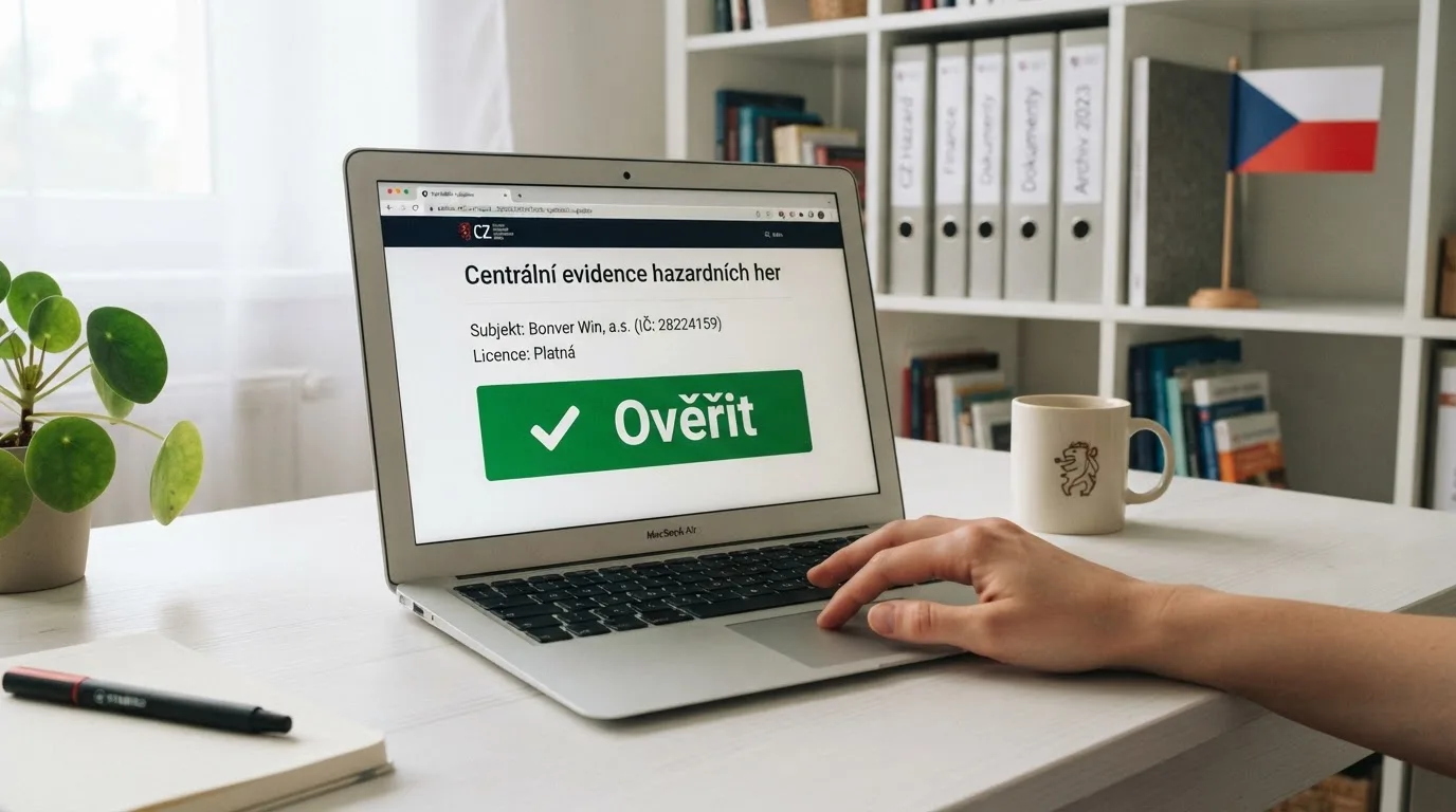 Detail úředního dokumentu s razítkem Ministerstva financí ČR a lupy nad seznamem licencovaných provozovatelů, vedle monitor s doménou .cz