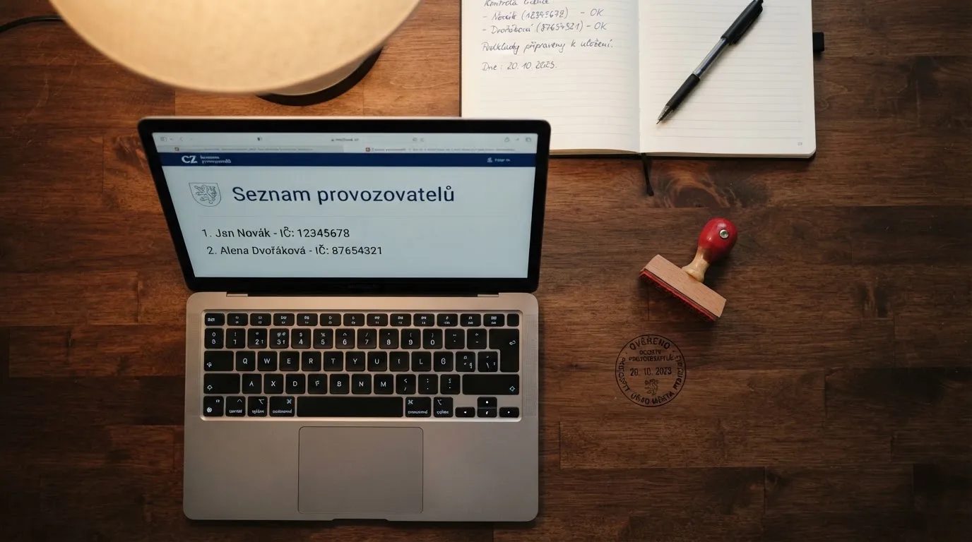 Úřední výpis ze Seznamu provozovatelů hazardních her Ministerstva financí ČR na monitoru, vedle razítko a paragraf