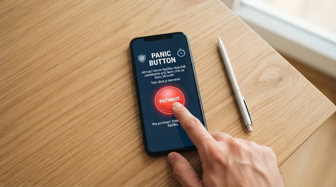 Úřední dokument s razítkem Ministerstva financí vedle tlačítka Panic Button na obrazovce