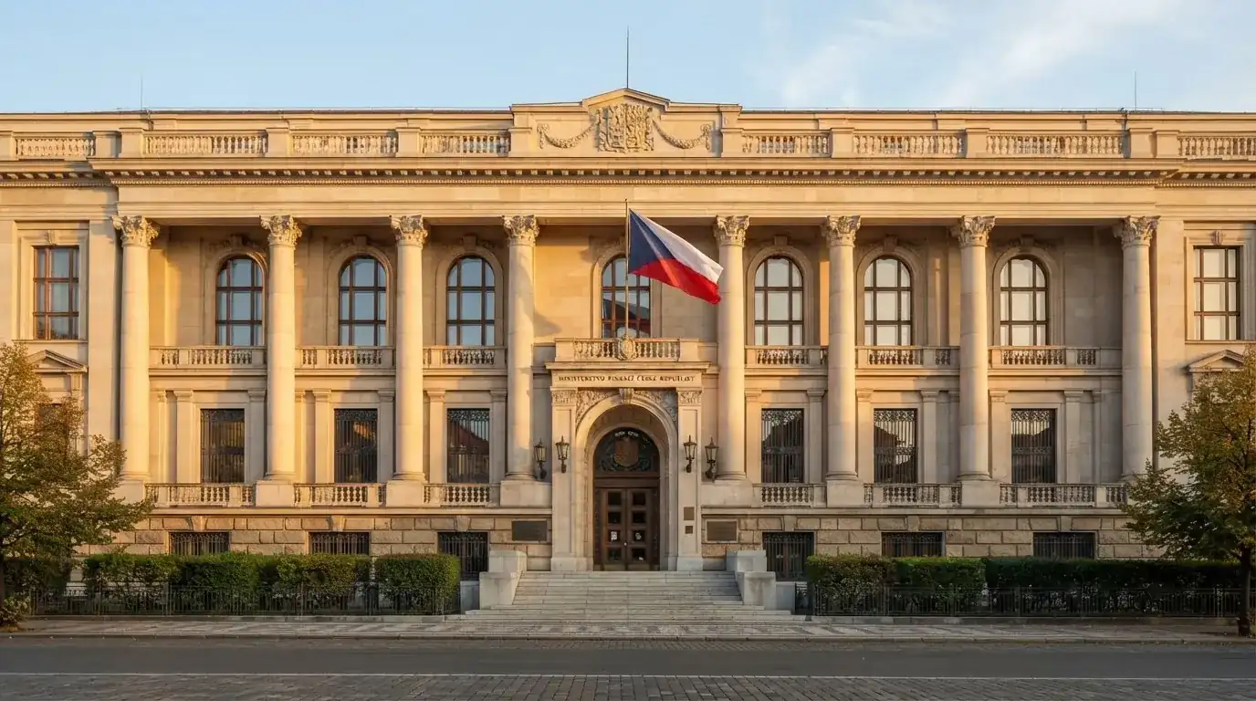 Úřední dokument s razítkem Ministerstva financí ČR nebo budova MF ČR s českou vlajkou v pozadí
