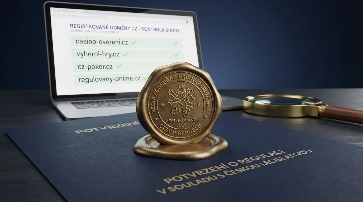 Úřední razítko Ministerstva financí ČR na digitálním pozadí s řádkem .cz doménových adres, v popředí lupa zaměřená na text licence