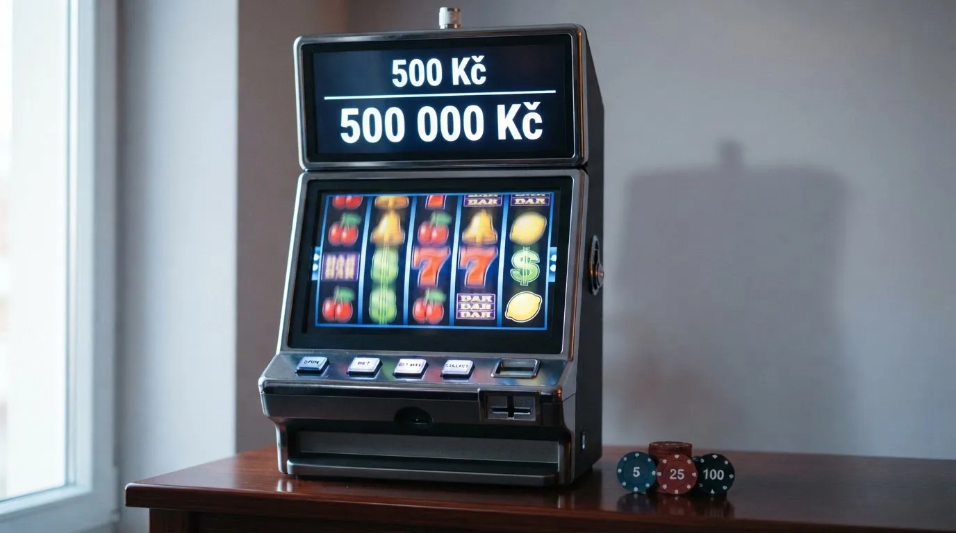 Dokument s logem Ministerstva financí ČR a zvýrazněnými čísly 500 Kč a 500 000 Kč vedle roztočeného automatu