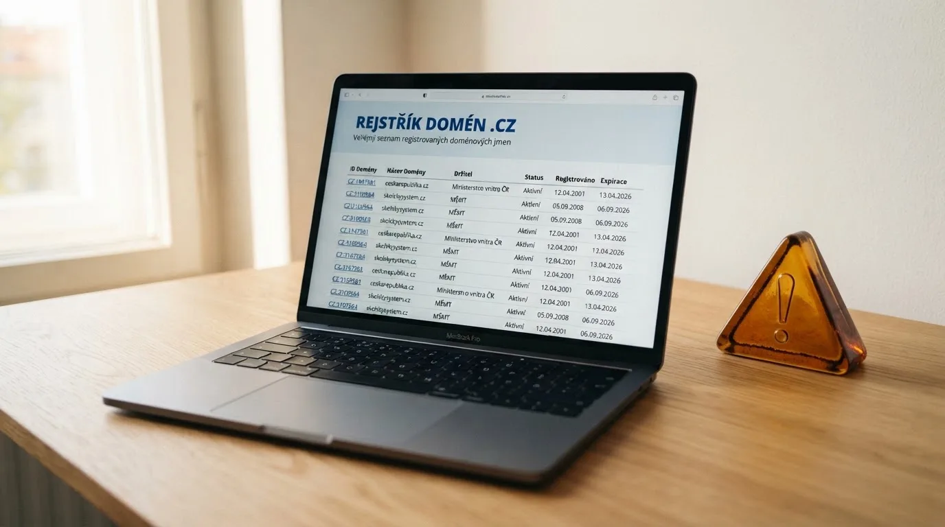 Obrazovka s veřejnou částí Seznamu nepovolených internetových her na webu Ministerstva financí ČR, vedle výstražný symbol