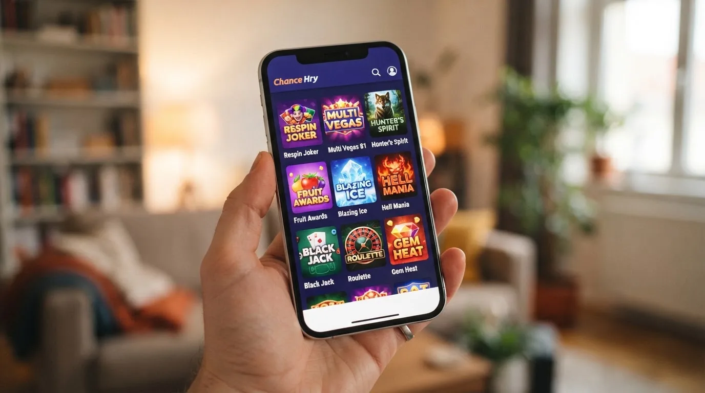 Mobilní telefon s otevřenou aplikací českého online casina zobrazující nabídku výherních automatů