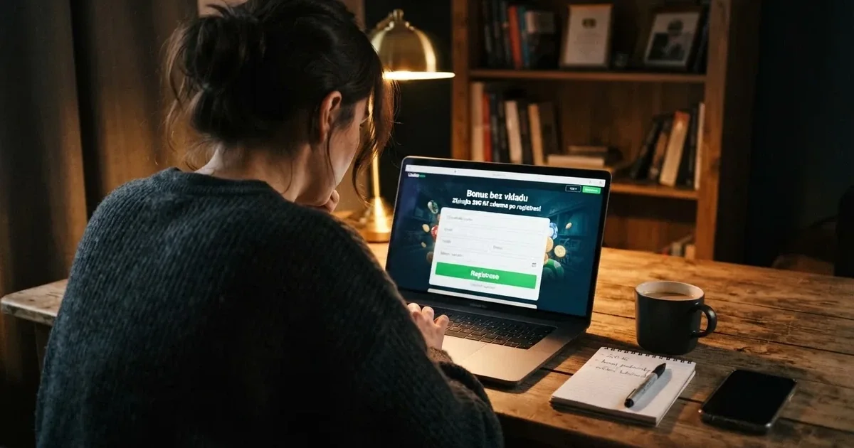 Hráč u notebooku si prohlíží podmínky casino bonusu, na obrazovce je vidět tlačítko registrace a text „bonus bez vkladu“