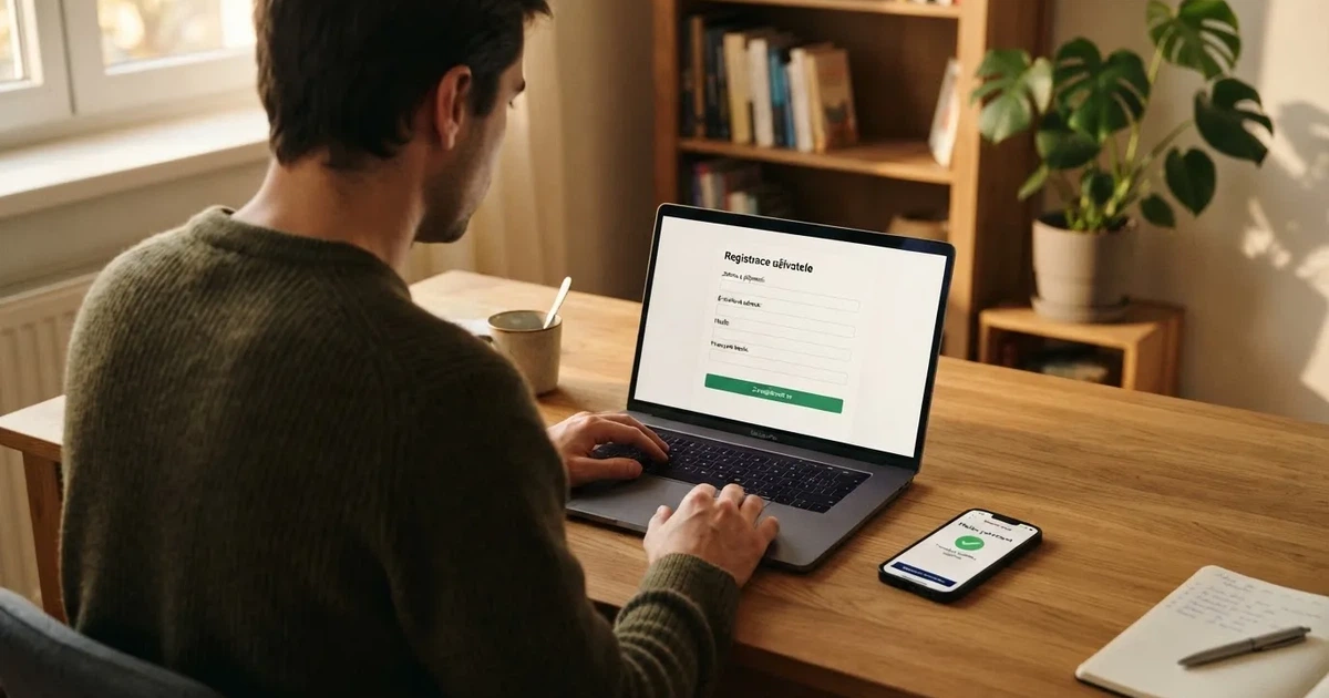 Hráč si na notebooku prohlíží registrační formulář online casina, vedle něj leží občanský průkaz a telefon s otevřenou aplikací Bank iD