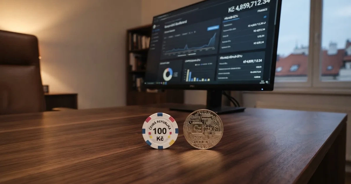 Česká koruna a bitcoin vedle sebe na stole, v pozadí obrazovka s nápisem MF ČR