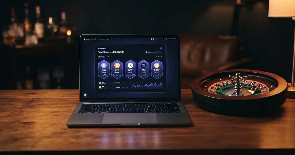 Digitální peněženka s tokeny Etheru na obrazovce notebooku vedle rulety online kasina