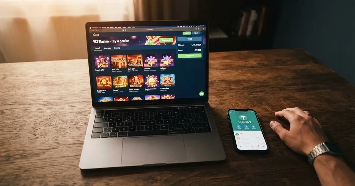 Hero obrázek: rozhraní online kasina s viditelnou možností vkladu v USDT, obrazovka laptopu s kasinovým lobby a krypto peněženkou na mobilu vedle