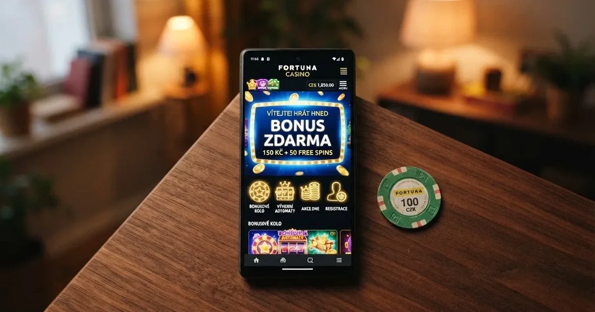 Uvítací obrazovka českého online casina s nabídkou bonusu bez vkladu, vedle symboly free spinů a nápis „bonus zdarma“