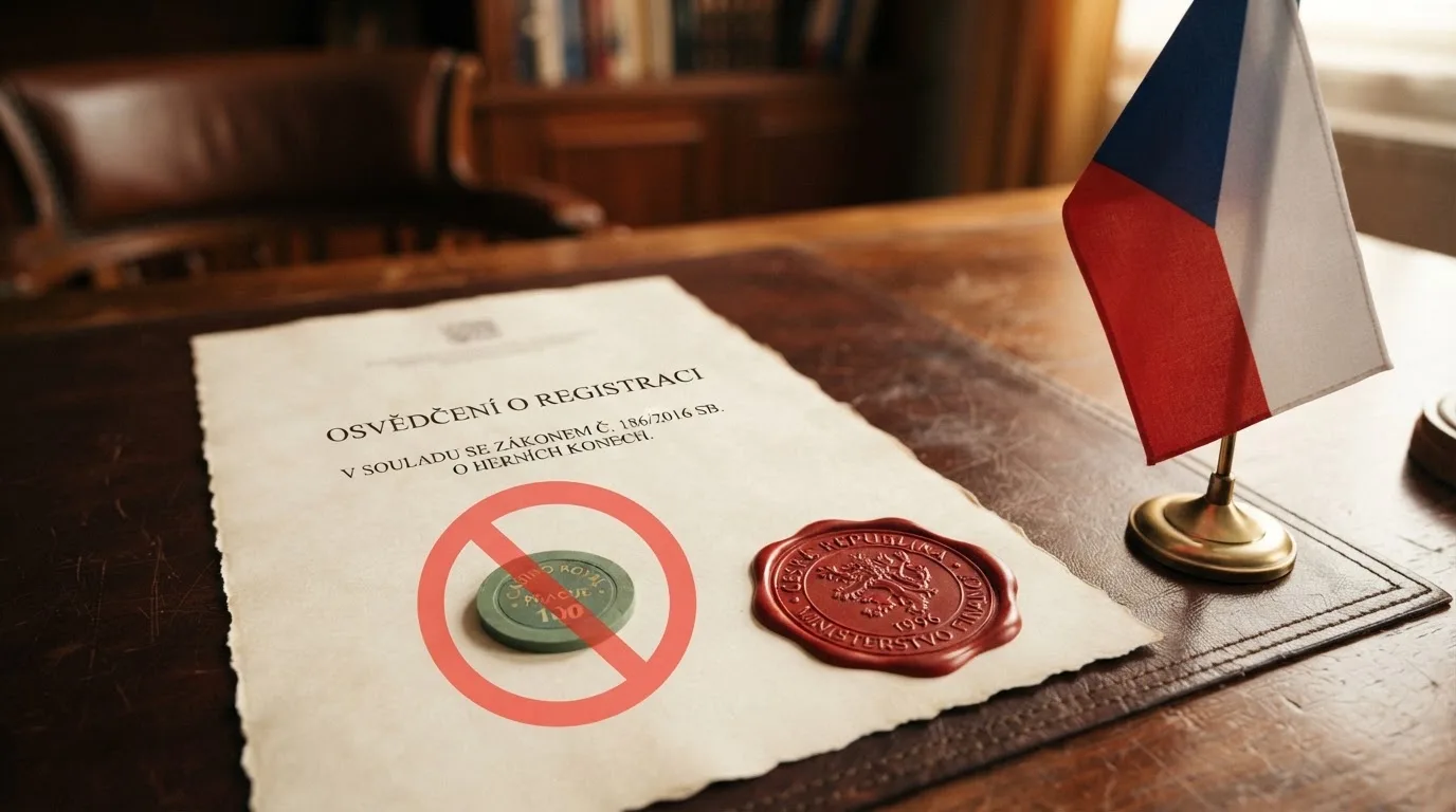 Úřední razítko a dokument licence krypto kasina vedle české vlajky a symbolu zákazu — kontrast mezi offshore licencí a českým právním rámcem