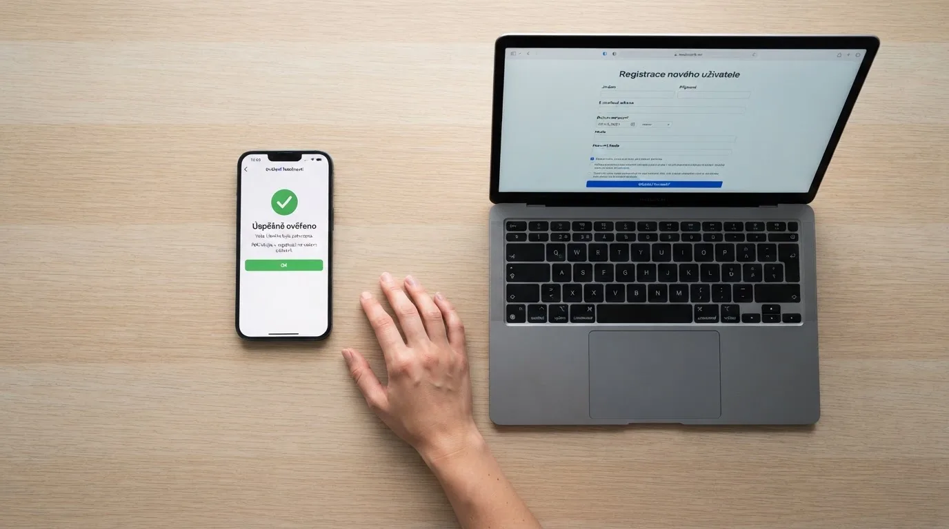 Mobilní telefon s rozhraním Bank iD a registračním formulářem online casina na obrazovce notebooku
