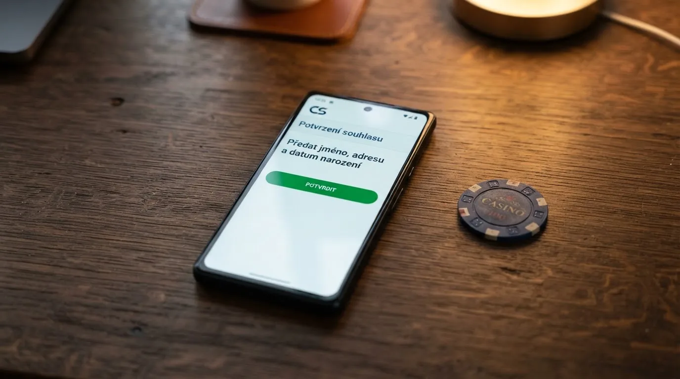 Mobilní telefon s otevřenou aplikací internetového bankovnictví, na displeji obrazovka potvrzení souhlasu s předáním ověřených údajů casinu