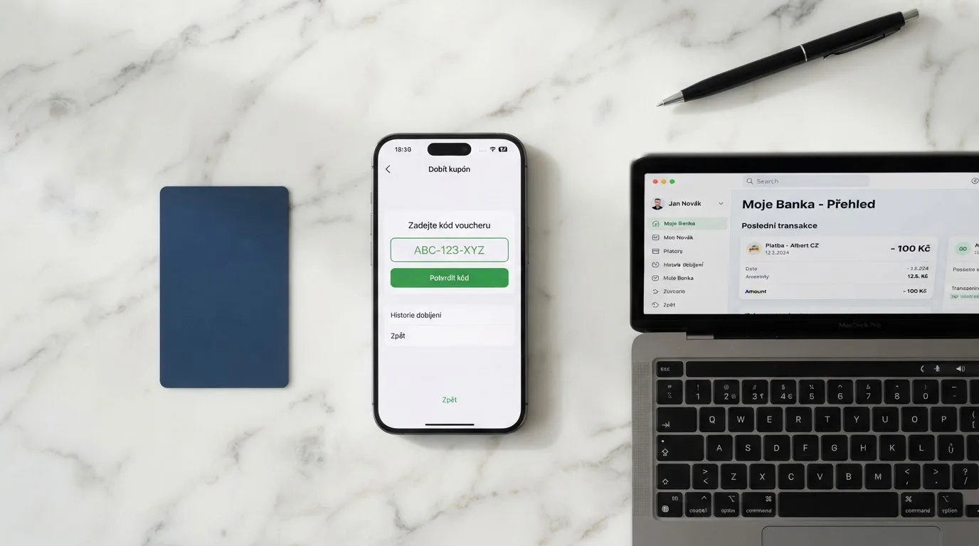 Platební karta, telefon s Paysafecard aplikací a obrazovka internetového bankovnictví vedle sebe