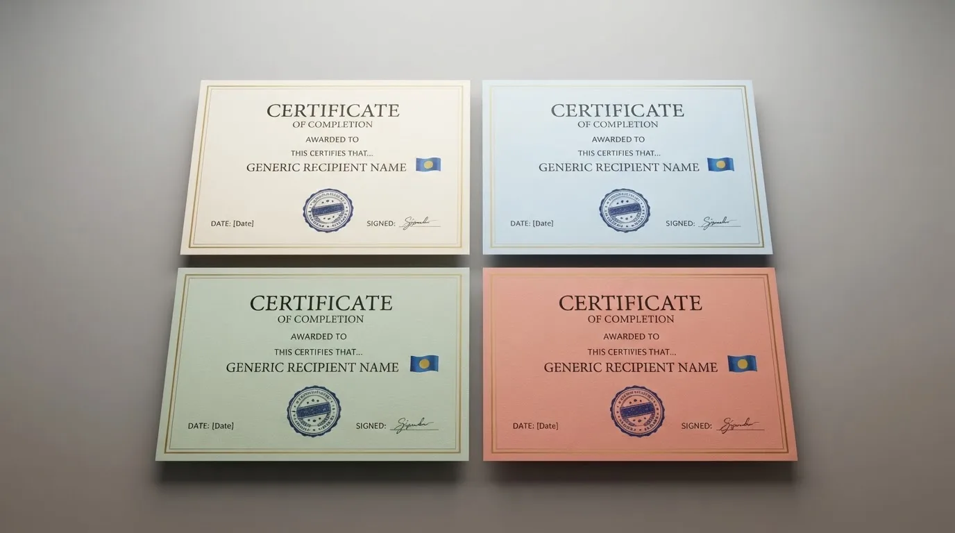 Čtyři herní licence vedle sebe — Curaçao, MGA, Anjouan, Tobique — každá s razítkem a vlajkou jurisdikce