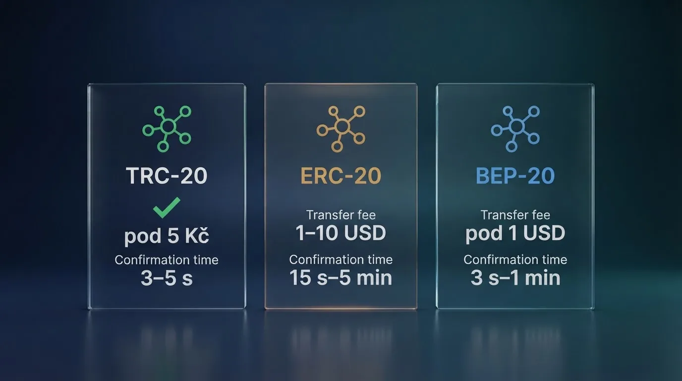 Infografika srovnávající tři USDT sítě: TRC-20, ERC-20 a BEP-20 — každá s ikonou sítě, typickým poplatkem a časem potvrzení