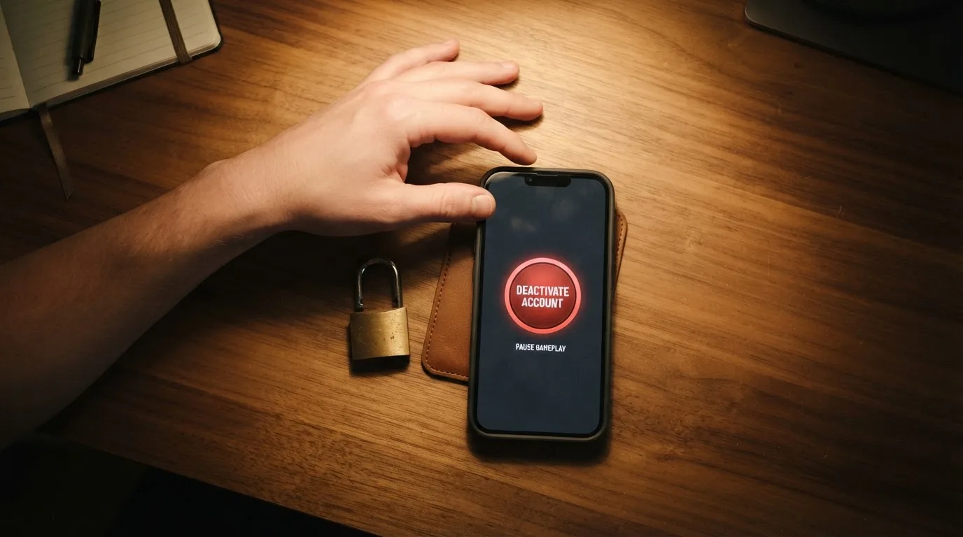 Ilustrace konceptu sebevyloučení — symbol zámku s nápisem RVO, tlačítko panic button a postava, která odkládá mobil