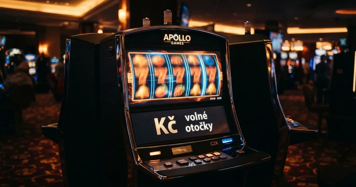 Roztočený výherní automat s českými korunami na displeji a nápisem „volné otočky“