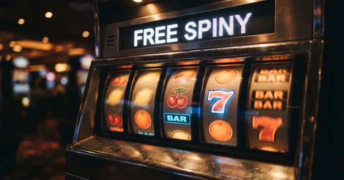 Roztočené válce výherního automatu s nápisem „Free Spins“ na displeji