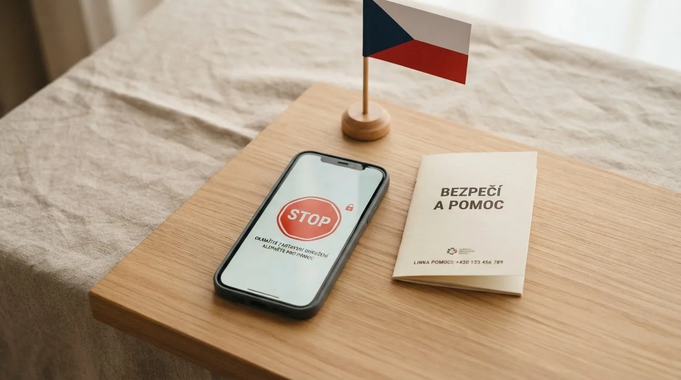 Ikony nástrojů zodpovědného hraní — panic button, limity, linka pomoci — na pozadí s českou vlajkou