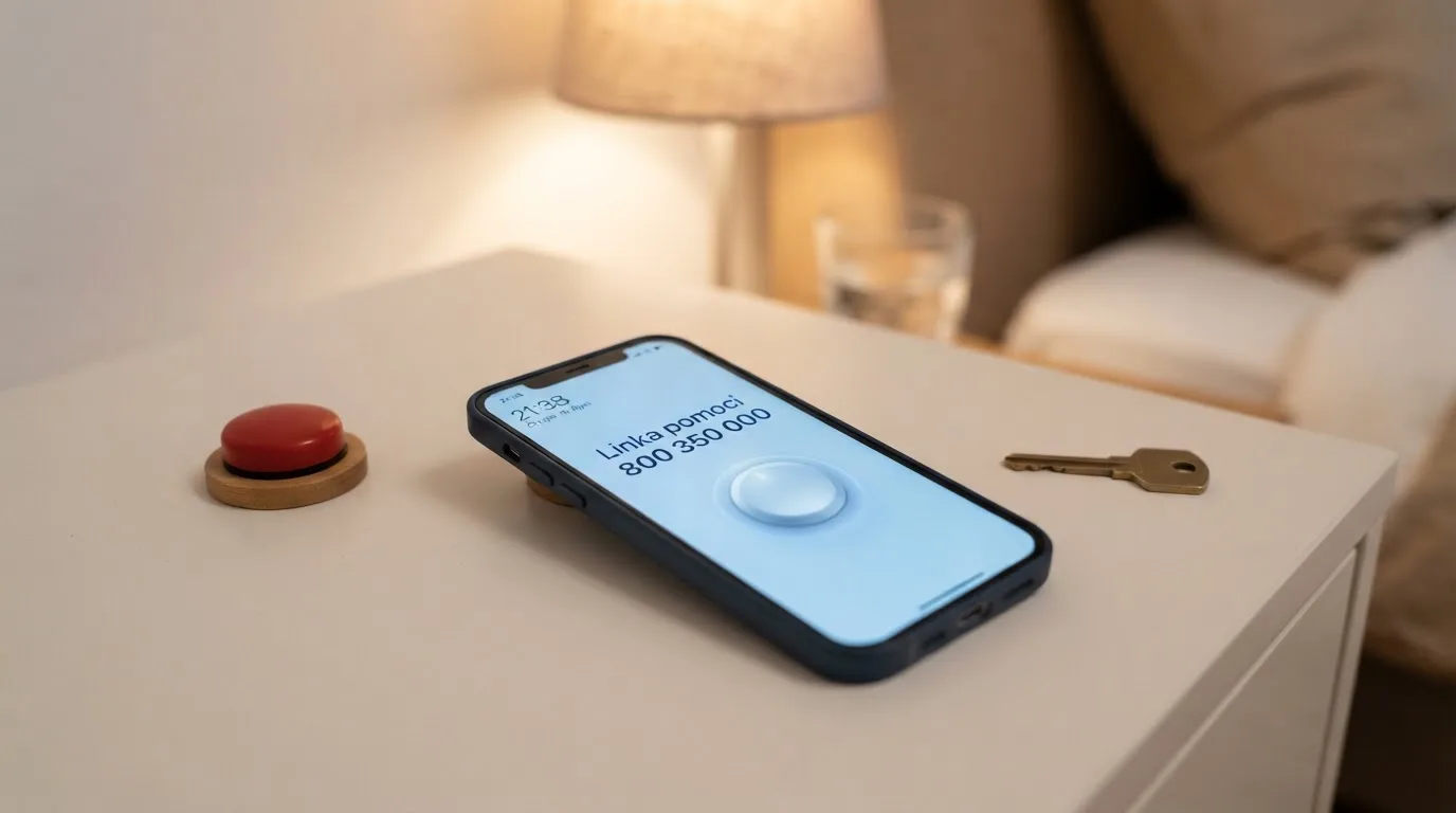 Mobilní telefon s číslem linky pomoci 800 350 000 na displeji, vedle symbol panického tlačítka a klíče od RVO